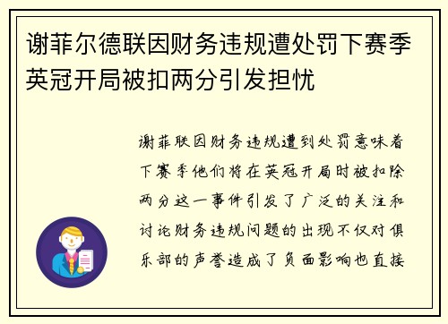 谢菲尔德联因财务违规遭处罚下赛季英冠开局被扣两分引发担忧